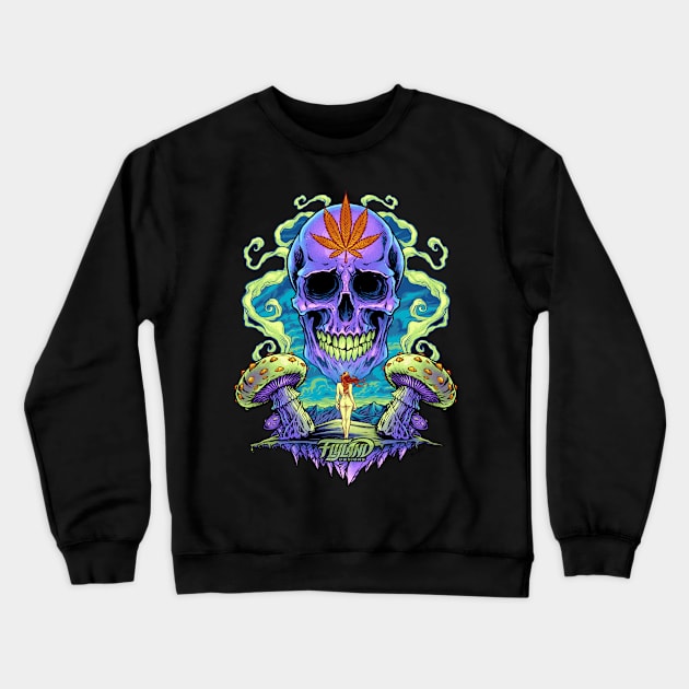 Purple Cannabis Skull with Mushrooms Crewneck Sweatshirt by FlylandDesigns